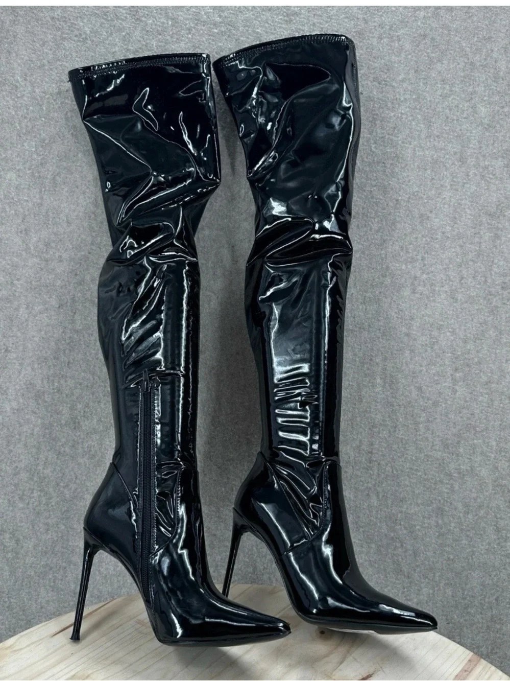 Steve Madden Viktory Patent Faux Leather Thigh High Stiletto Boots Toe Over Knee